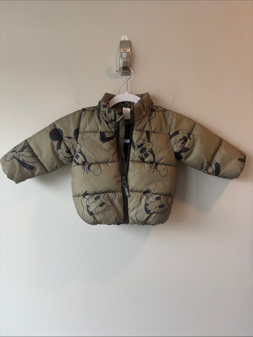 Kids Puffer Jacket with Disney Cartoon Print - Olive Sz 12 months